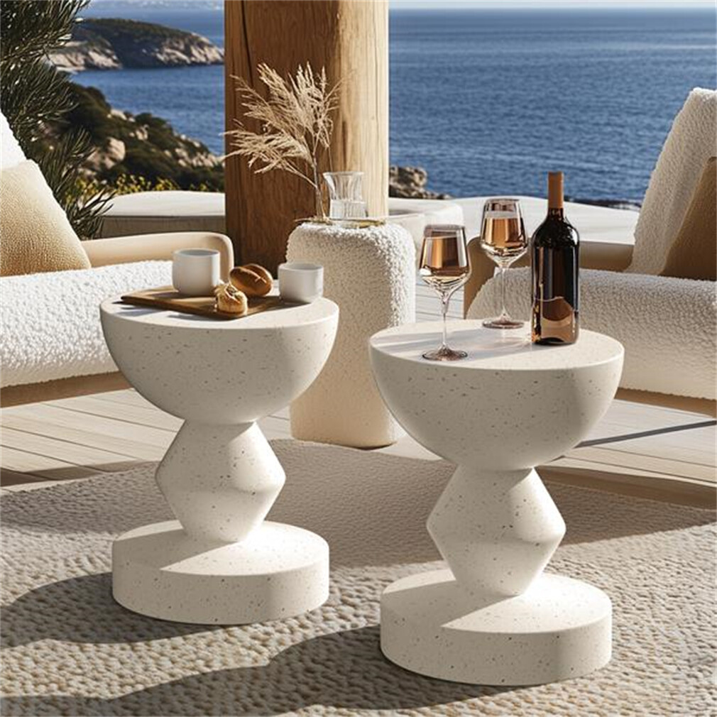 Unique Lightweight Concrete Side End Table Outdoor Faux Terrazzo Thick Pedestal