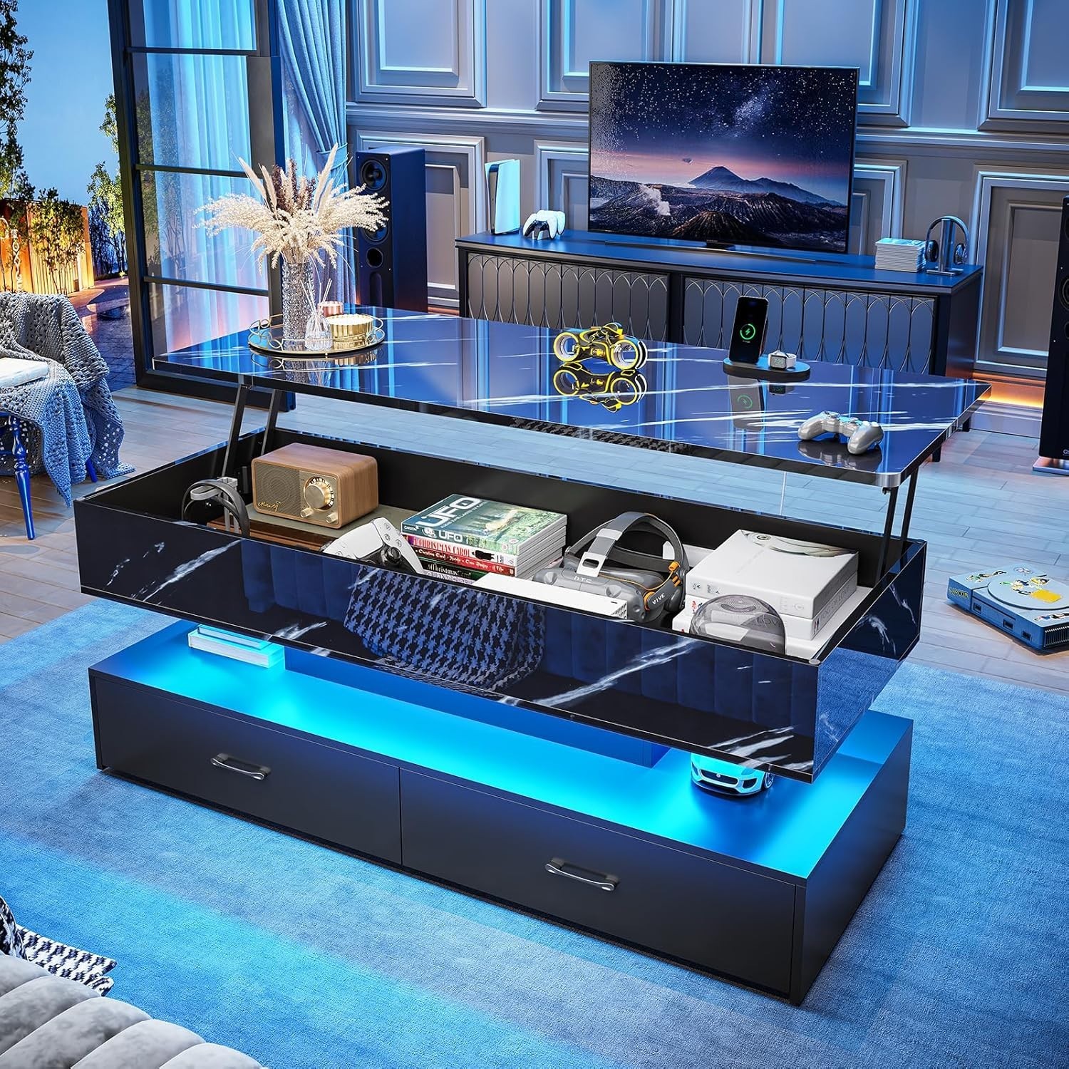 47.2″ Lift Top Coffee Table wih 2 Drawers & LED Light for Dining Reception Room