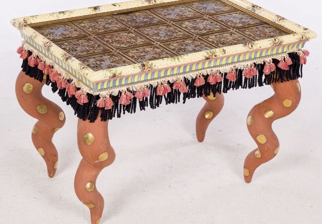 MacKenzie Childs Vintage Tin Topped Table Rate Ceramic Legs Retired
