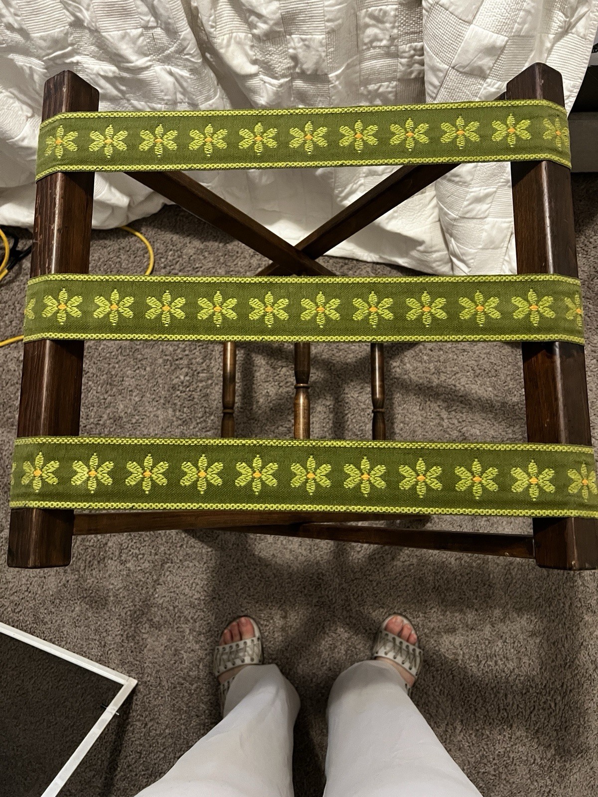 Mid-Century Modern Folding Wood Butler Tray Table, Brown/Green Floral Webbing