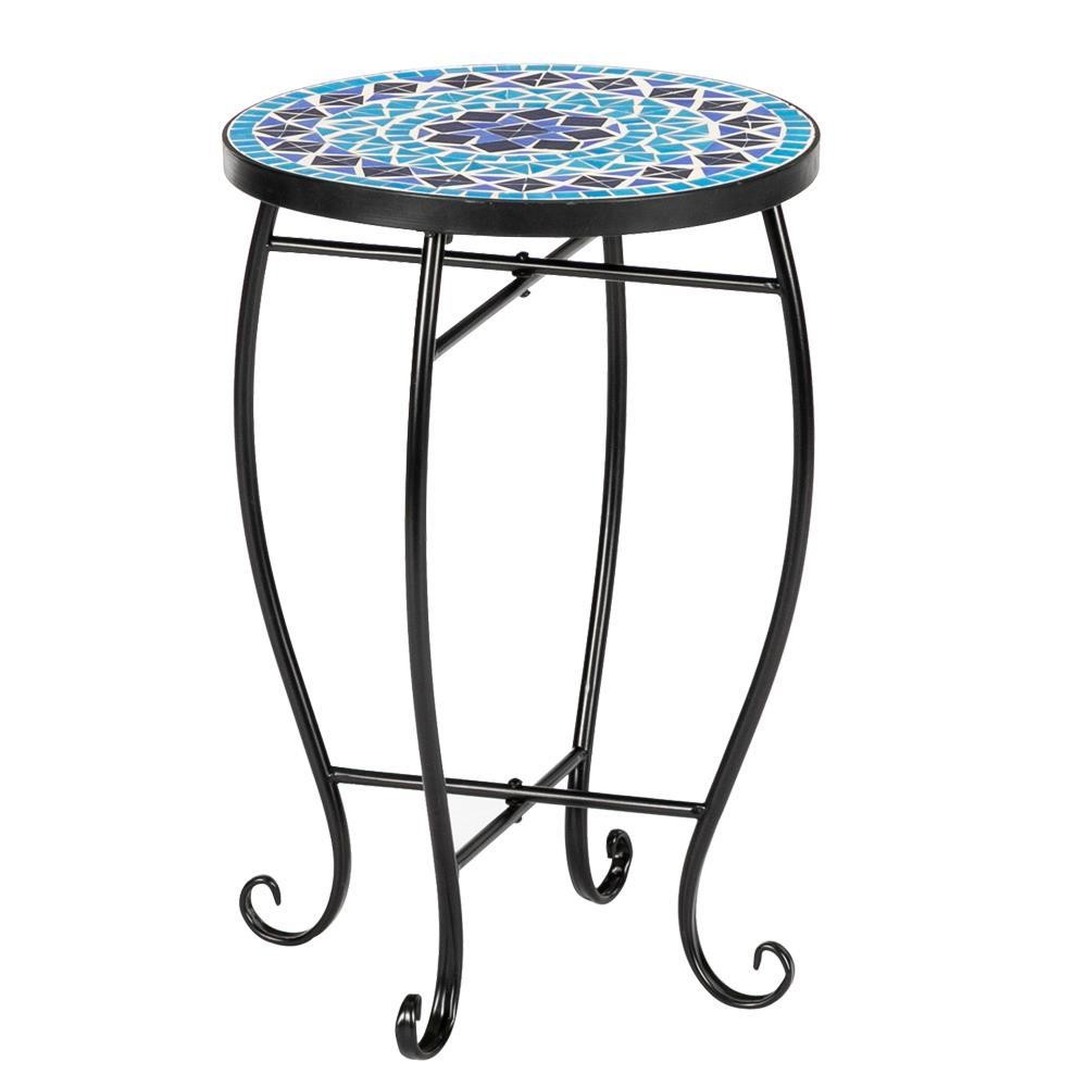 Indoor Outdoor Side Table with Mosaics Top Metal Frame Base , Circle End Table