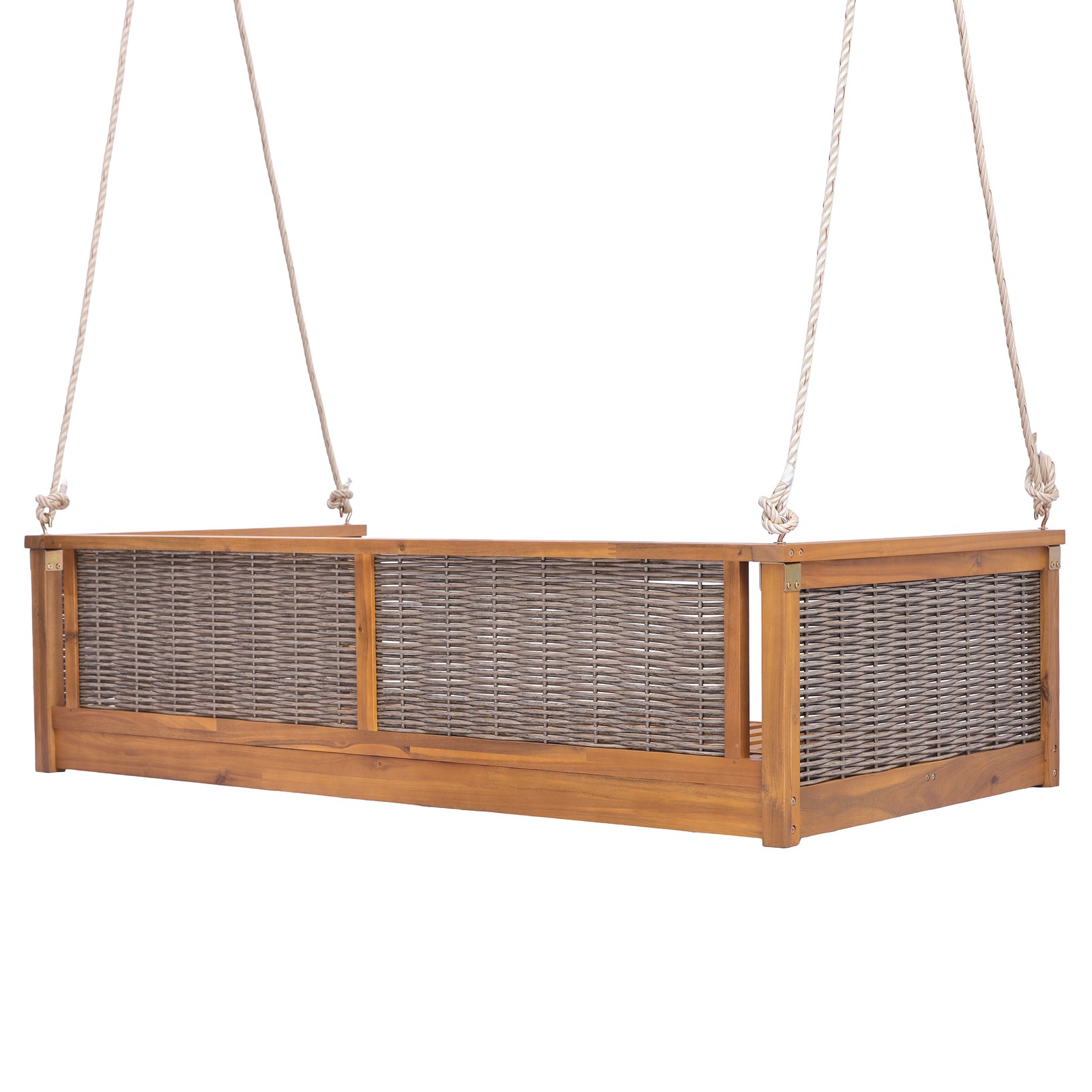 Acacia Wood Rattan Swing Bed Twin Size Outdoor Patio Porch Teak