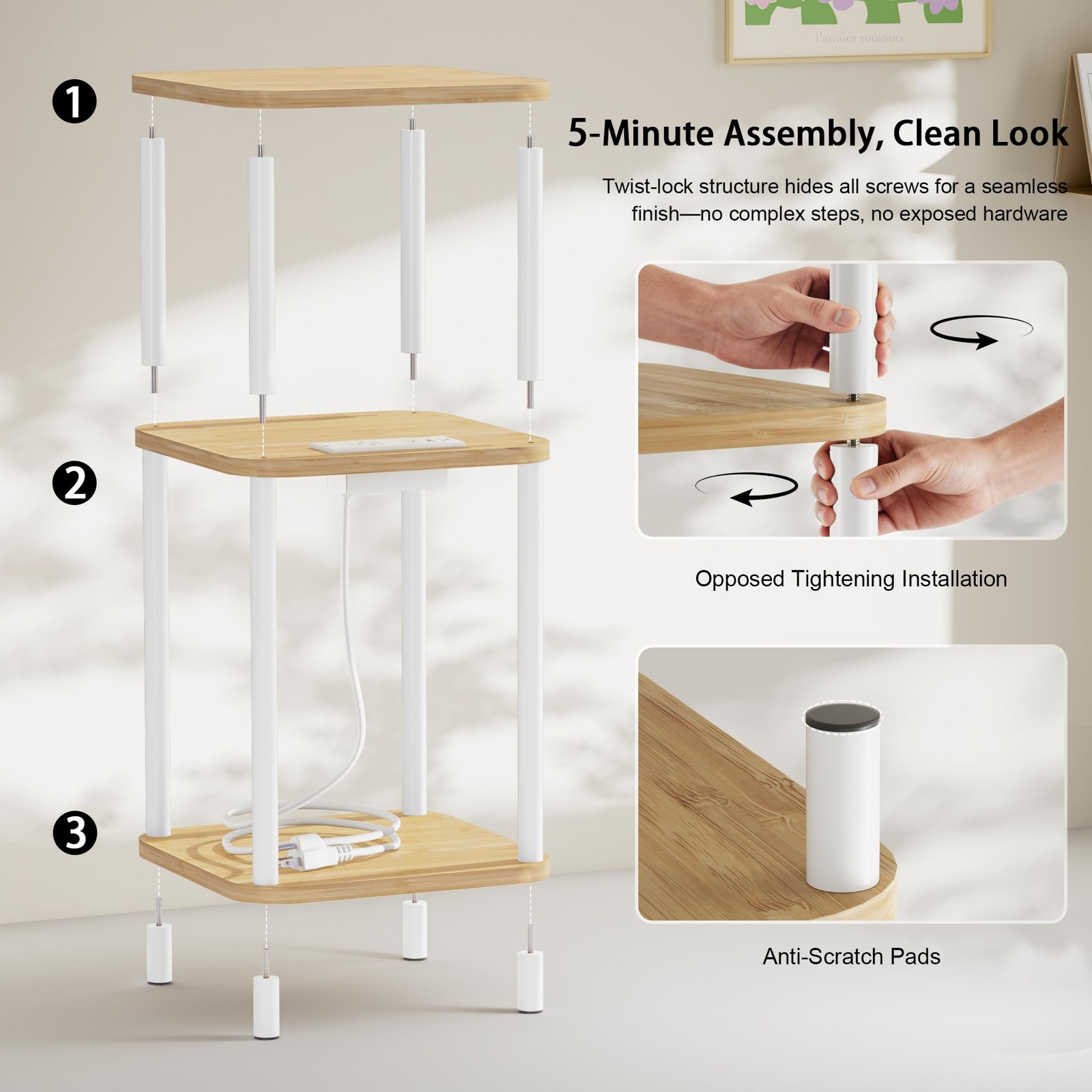 Bamboo End Table with Charging Station, Side Table for Small Space, Small Table