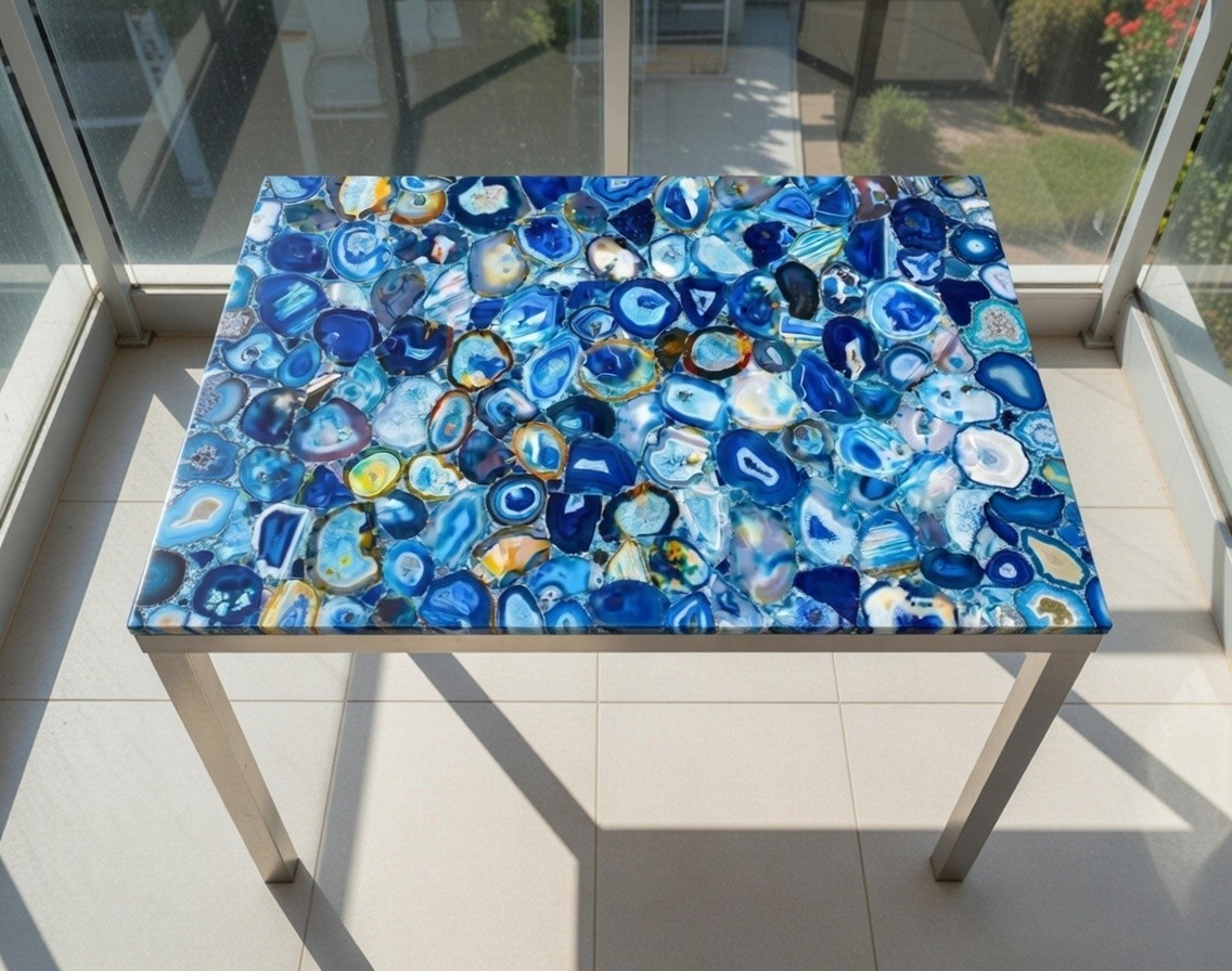 Blue agate coffee table top, Agate stone center table, modern furniture decor