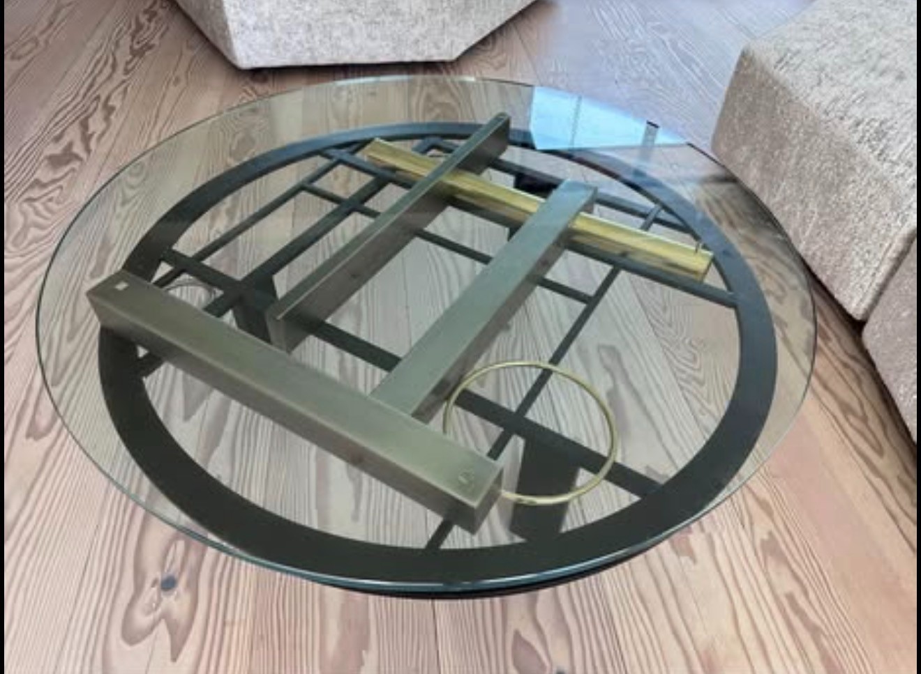 Kaizo Oto Gold Black And Steel Art Deco Round Glass Top Coffee Table
