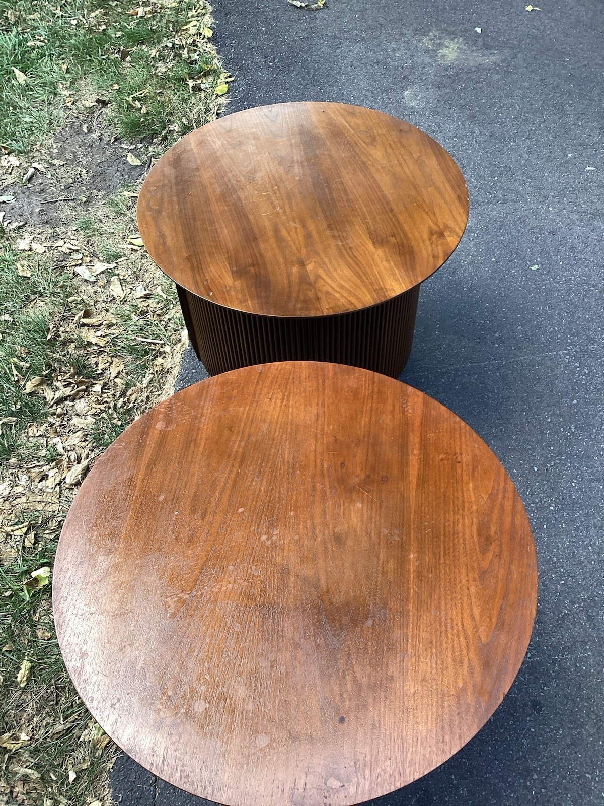 LANE First Edition MCM Mid Century Round Cabinet End Tables, Nightstands, A Pair