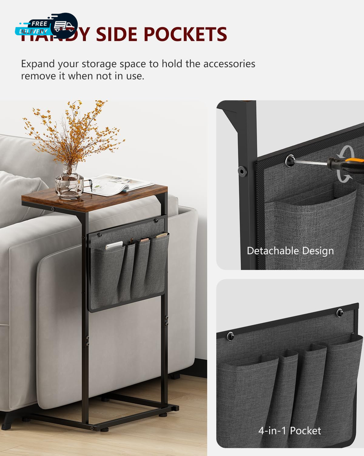 C Shaped End Table Small Side Table for Couch and Recliner Slide under Sofa