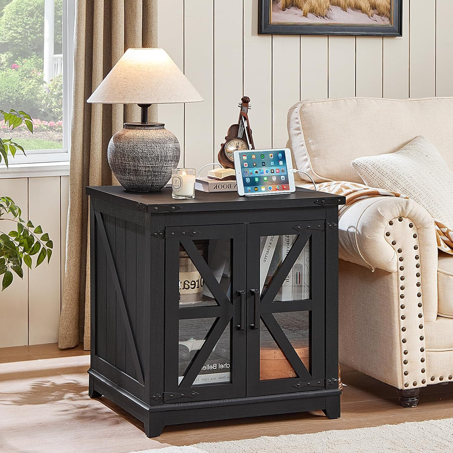 Farmhouse End Table with Charging Station, 24″ Large Sofa Side Table with Glass