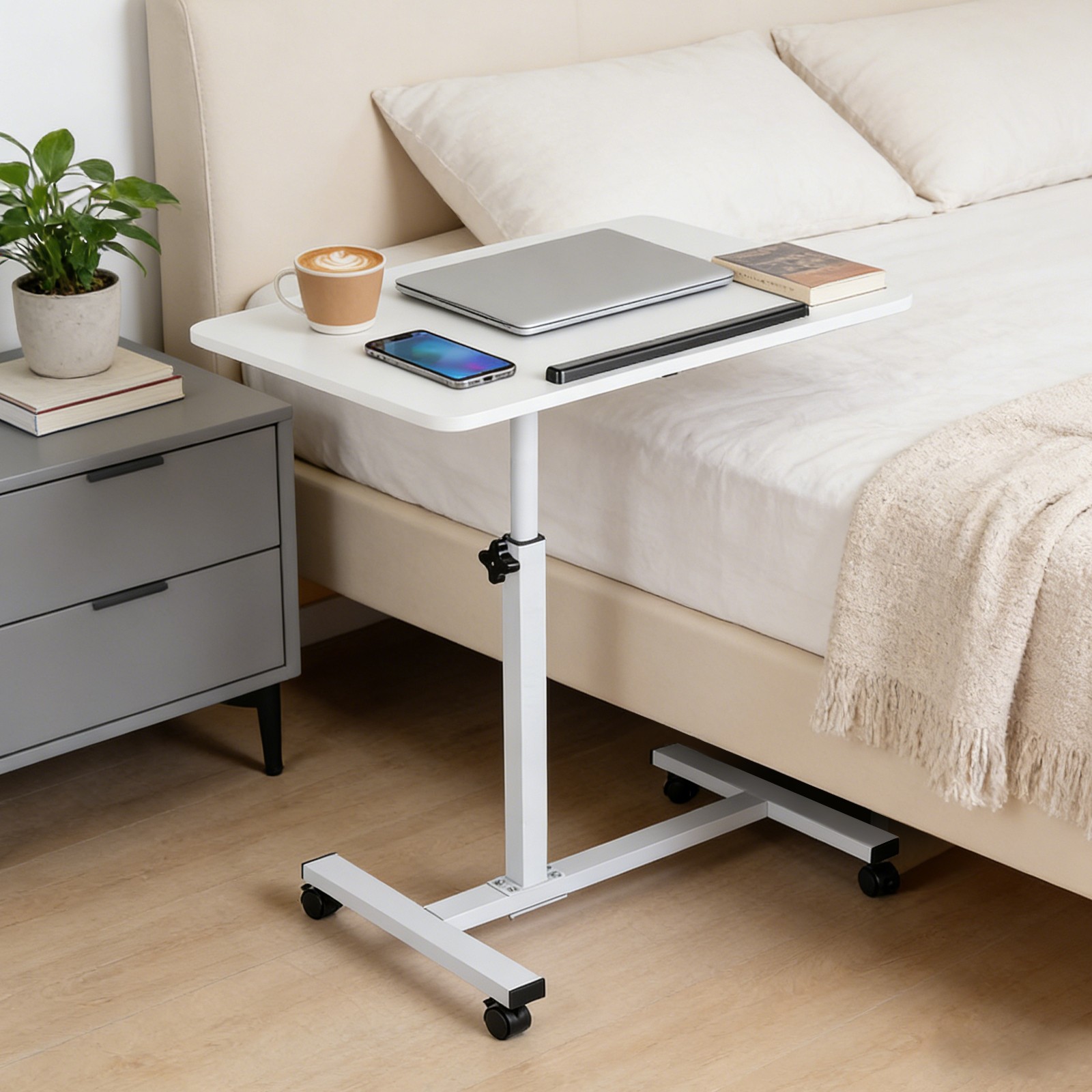 Rolling End Table Overbed Bedside Table Sofa Table Laptop Tabe Height Adjustment
