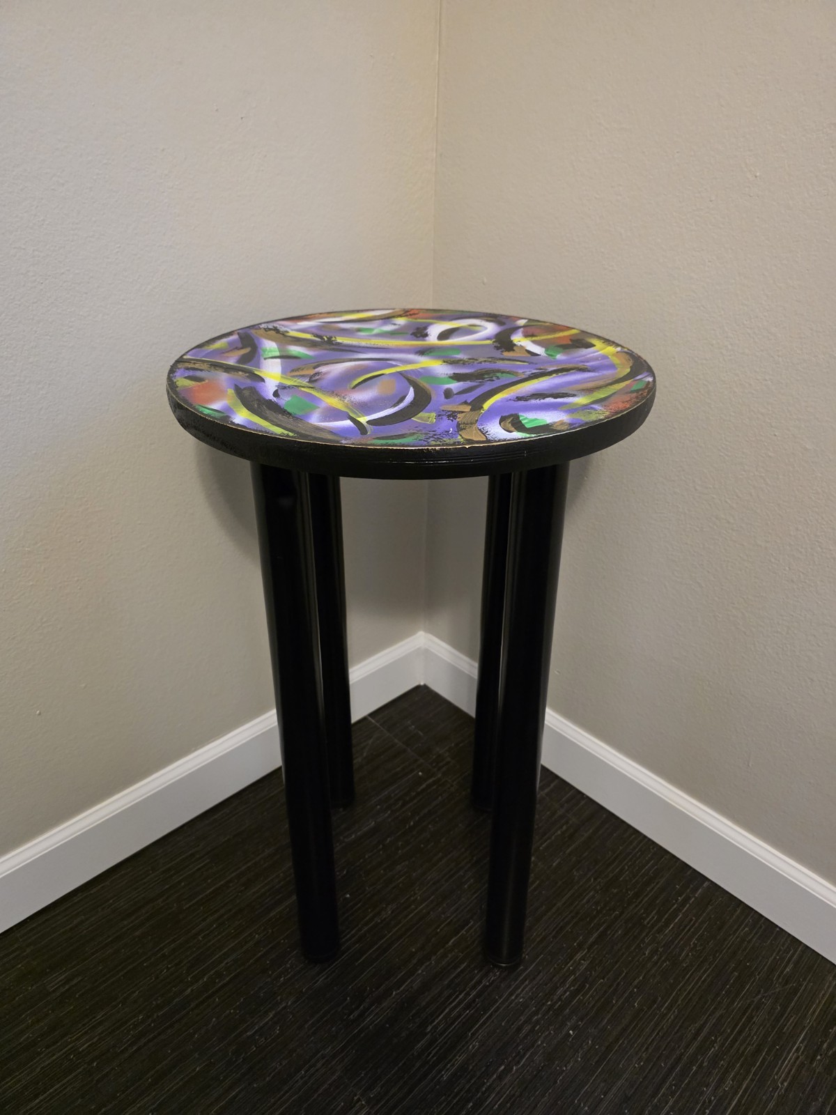 Custom Abstract Multicolor End Side Table Black Legs Wood Glossy 18x18x30