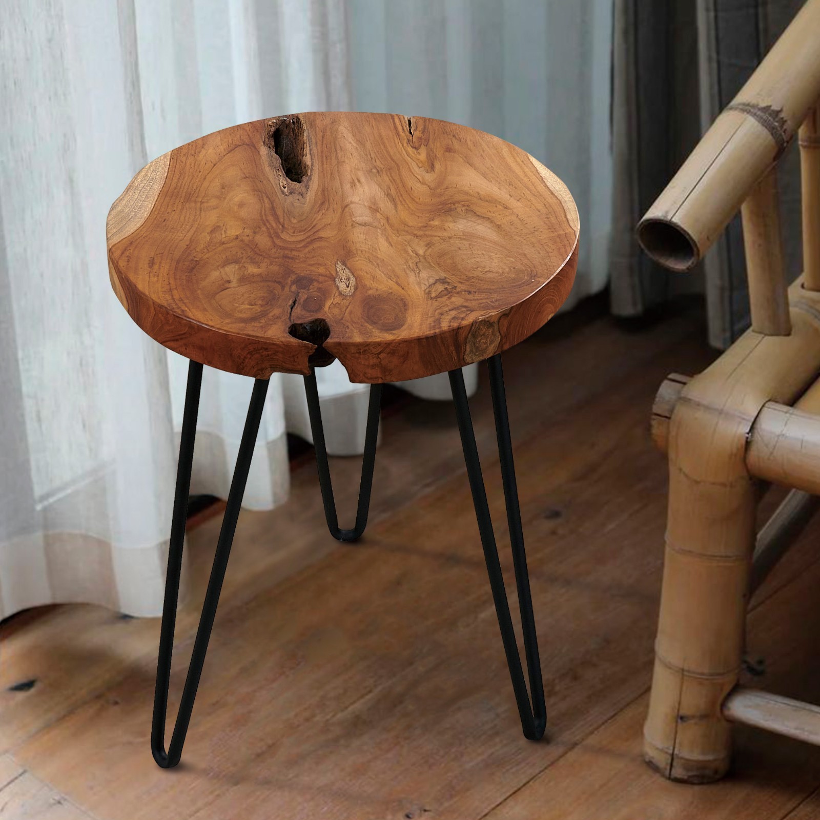 Greenage Rustic Teak Round End Table –Natural Wood Side Table Nightstand 21″ H
