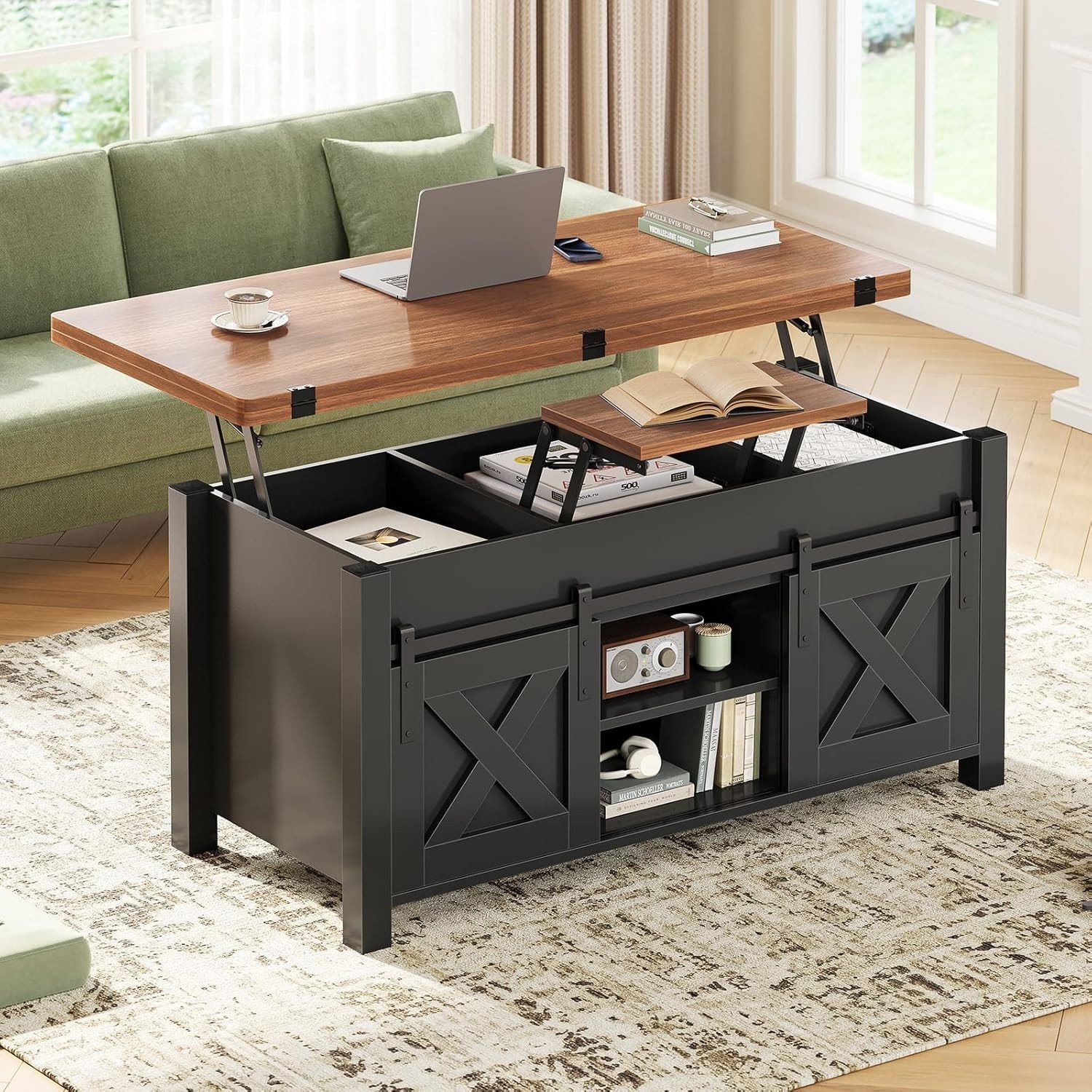 Farmhouse Lift Top Coffee Table, 4 in 1 Convertible Coffee Table with Storage