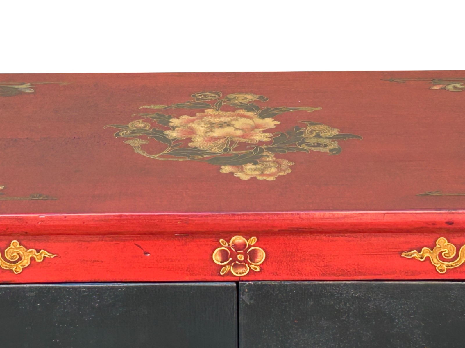Tibetan Oriental Black Red Foo Dogs Lions End Table Nightstand GB164
