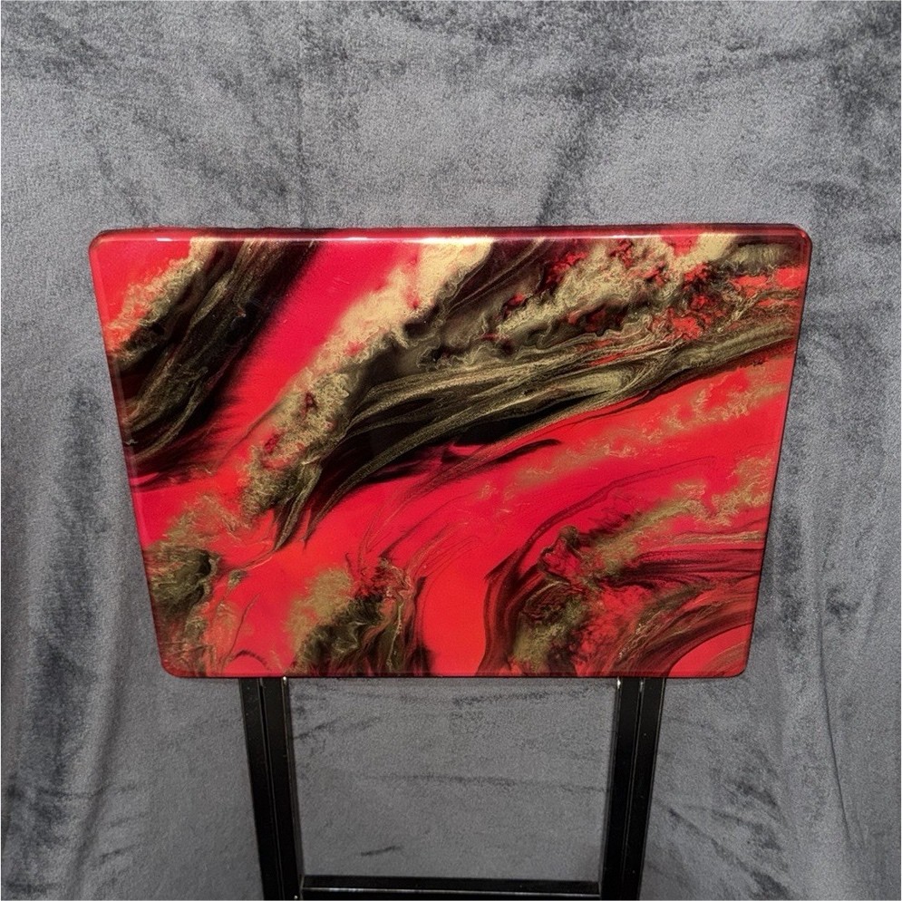 Handmade Red Black Gold Resin Top Folding TV Tray Side Snack Table 19×14.5×26