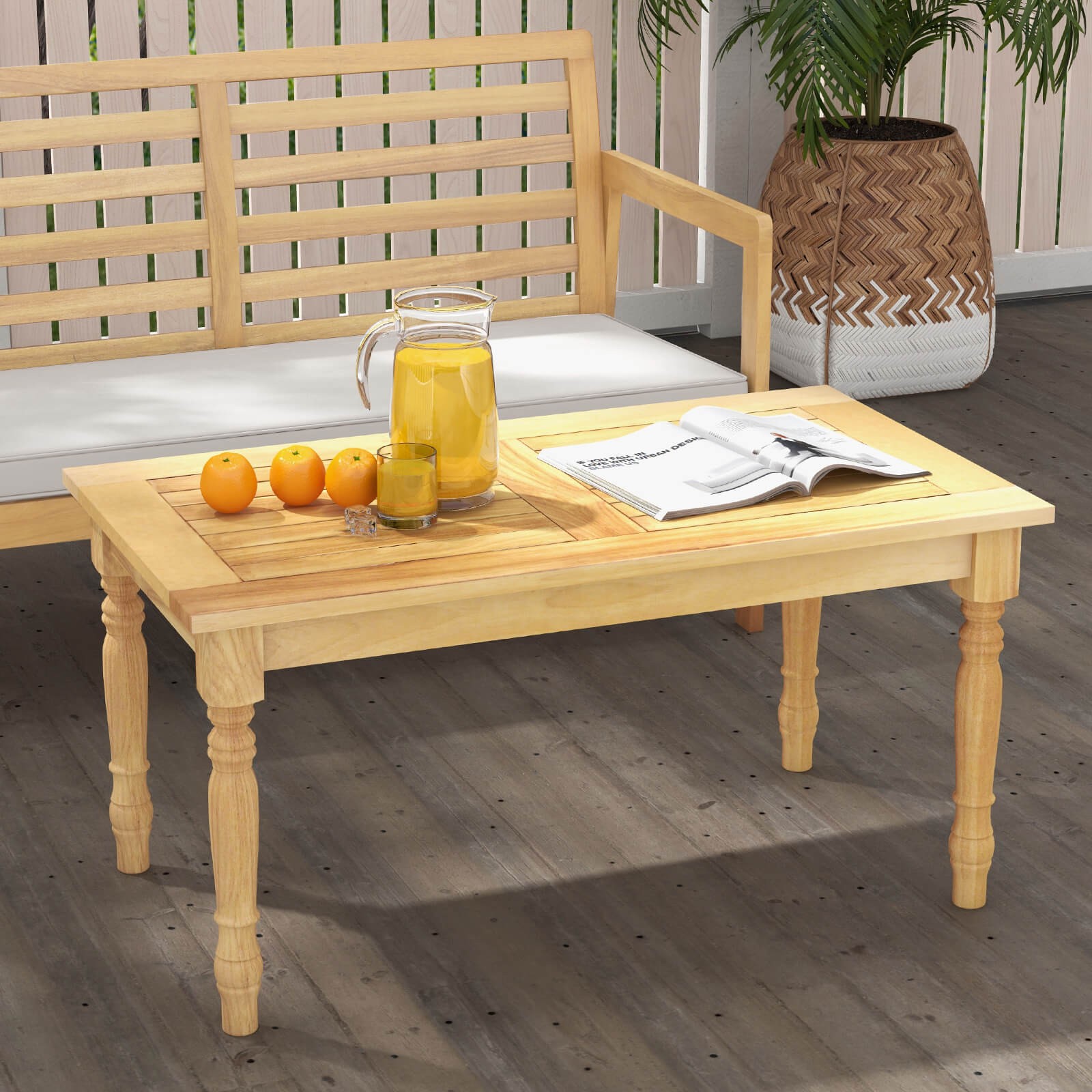 Patio Coffee Table w/ Solid Teak Wood Structure Slatted Tabletop for Backyard
