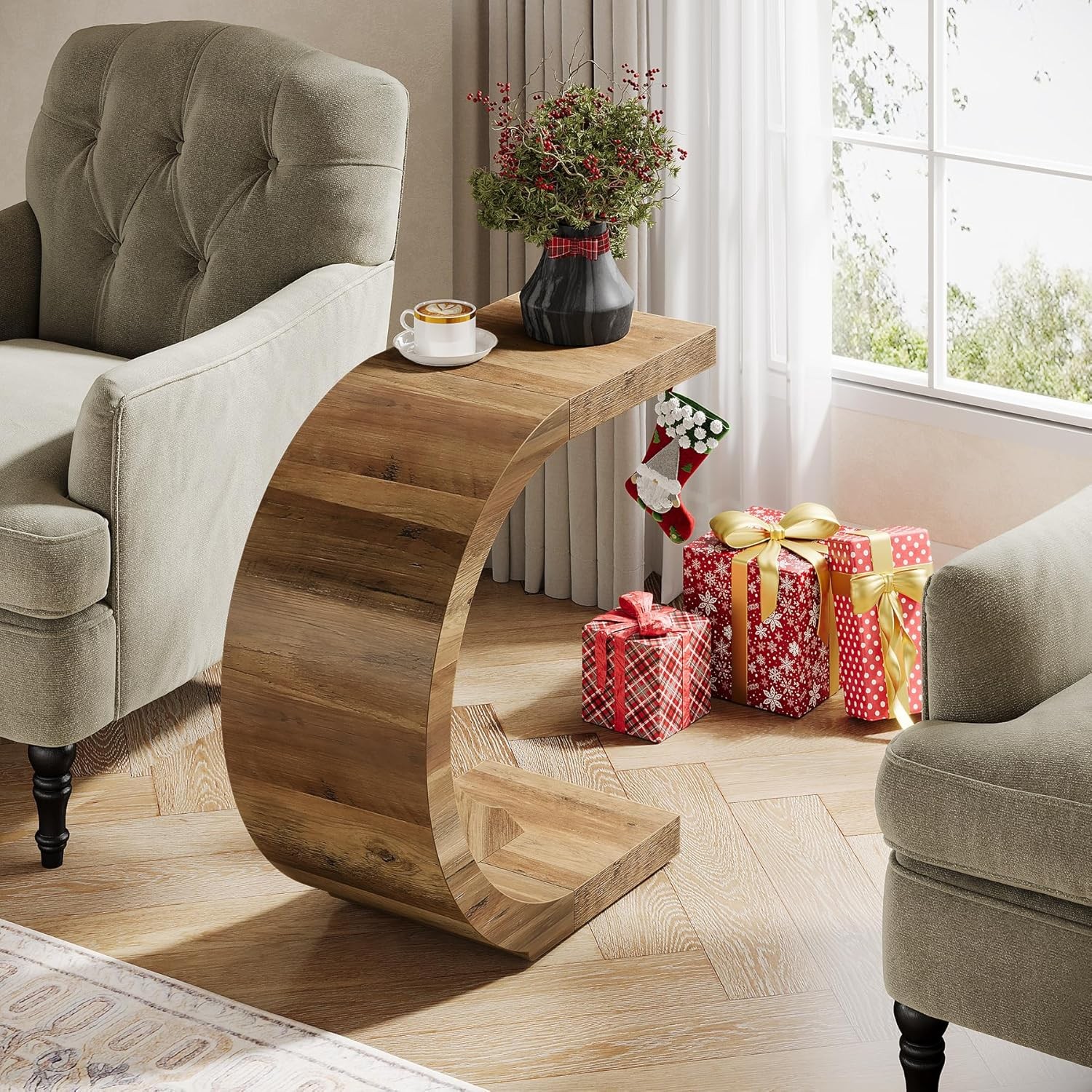 C-Shaped End Table Set of 2, Side Table for Couch Sofa Living Room Bedroom,Brown