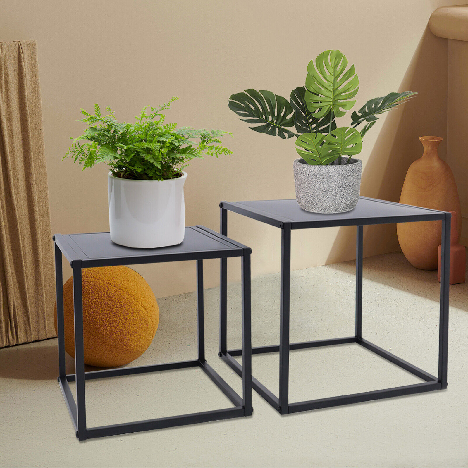 2PC Square Coffee Table End Table Modern Metal Side Table Matt Black Home Office