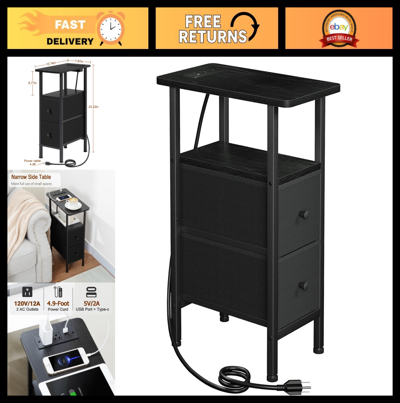 Slim Narrow End Table with Charging Station, Fabric Drawers, Small Space Nightst