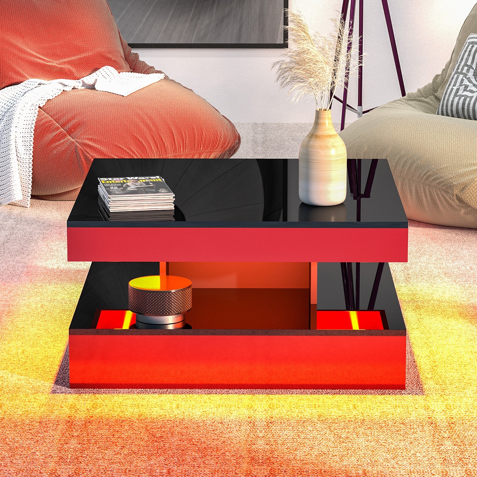Red LED Coffee Table for Living Room 2-Tier Square Center Table Modern High Glos