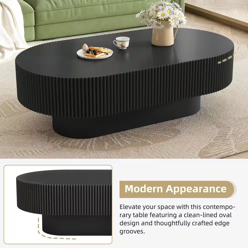 43.3 In. W Black Oval Wood Coffee Table with 6.8″ Thick Tabletop, Modern Drum En