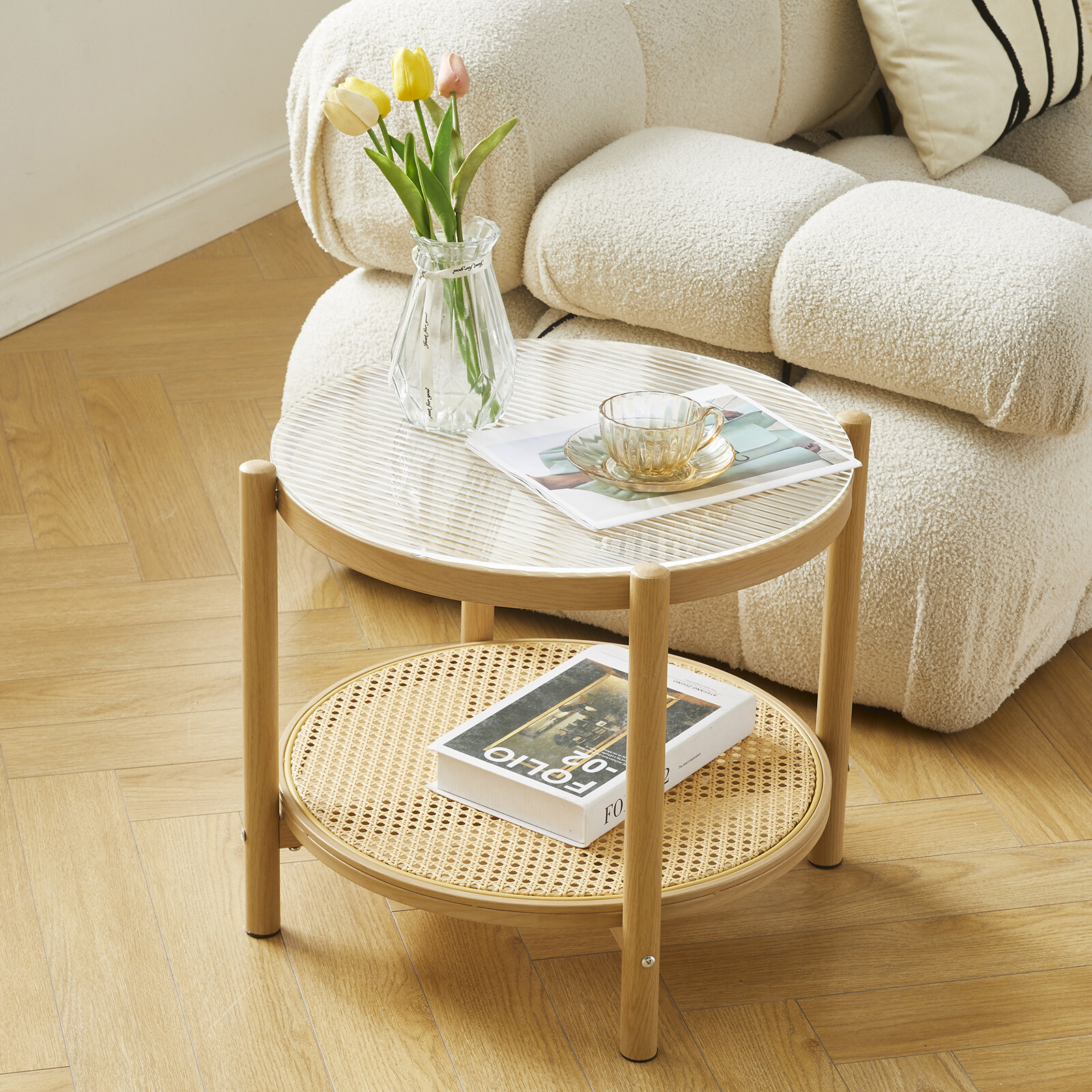 Modern Round Rattan Glass Metal Coffee Table Small 2-Tier End Table Living Room