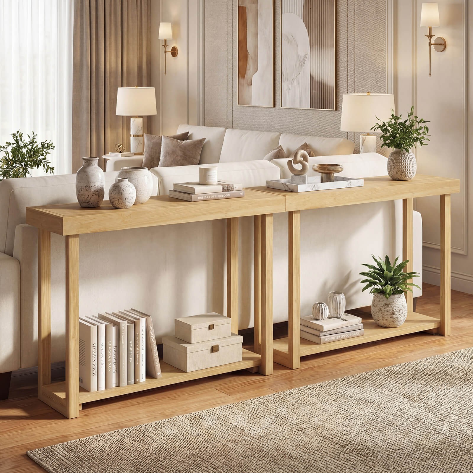46”Solid Wood Console Table,2-Tier Narrow Farmhouse Sofa Table w/Teak Wood Frame