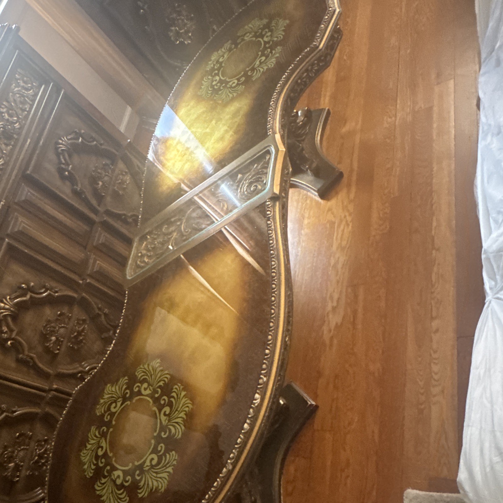 Kidney Coffee Table 1950s Wood/Glass Glossy Floral Brown Green Gold 42×36