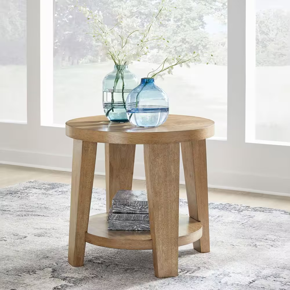 Kristiland 26 In. Brown round Wood End Table with Storage and Shelves
