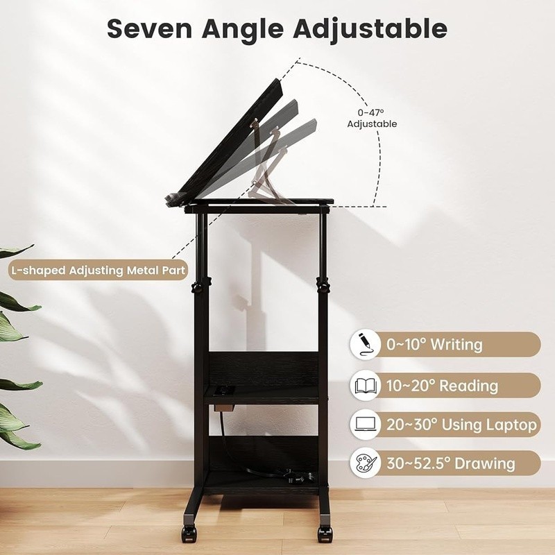 Height Adjustable C Shaped Table W/ Tilt Top & Charging Station Wheels New