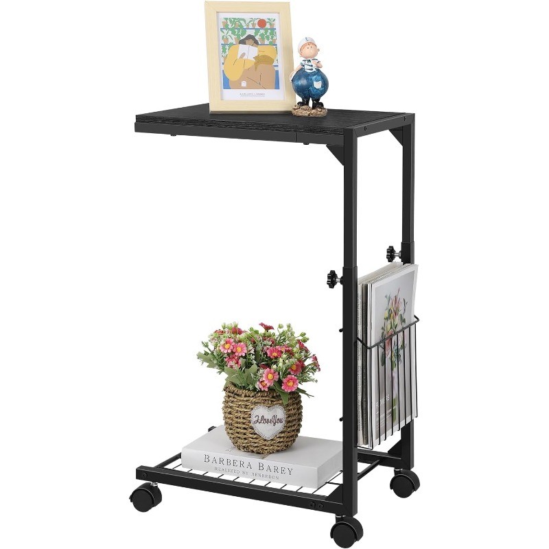 C Shaped Side Table Adjustable End Table with Wheels C Table for Small Spaces
