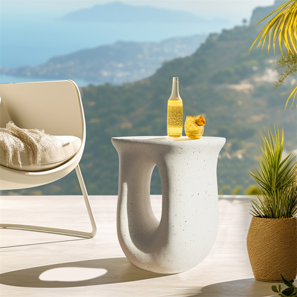 Outdoor Lightweight Concrete Side Table Garden Stool Terrazzo Plant Table White