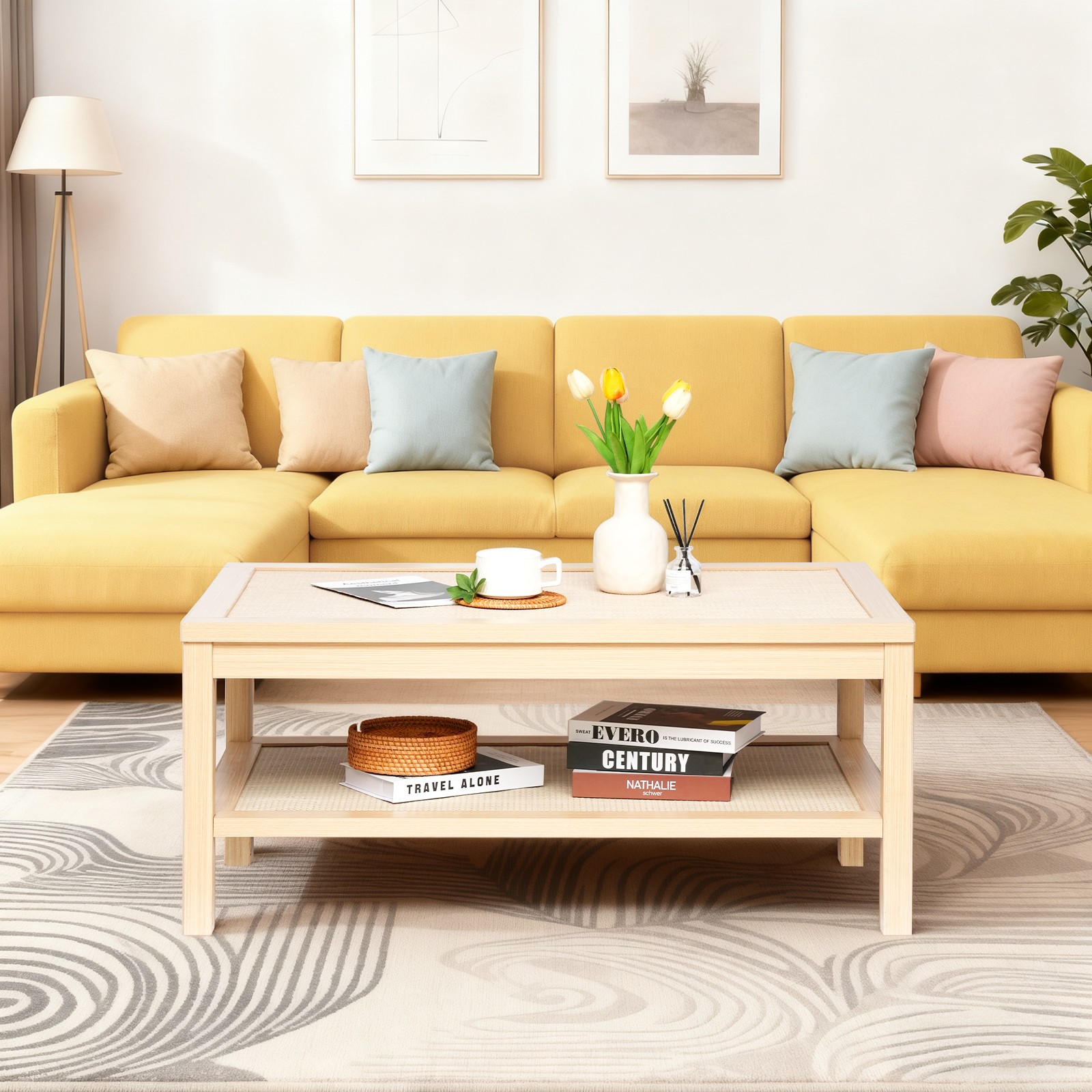 Modern Farmhouse Coffee Table with Rattan Shelf, 2 Tier Wood Coffee Table