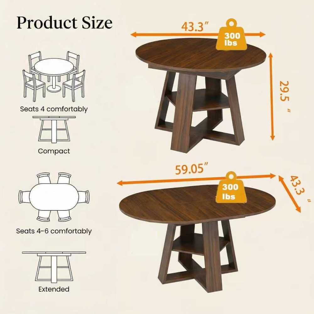 43-59″ Extendable Round Dining Table, Walnut, Space-Saving with Storage Shelf