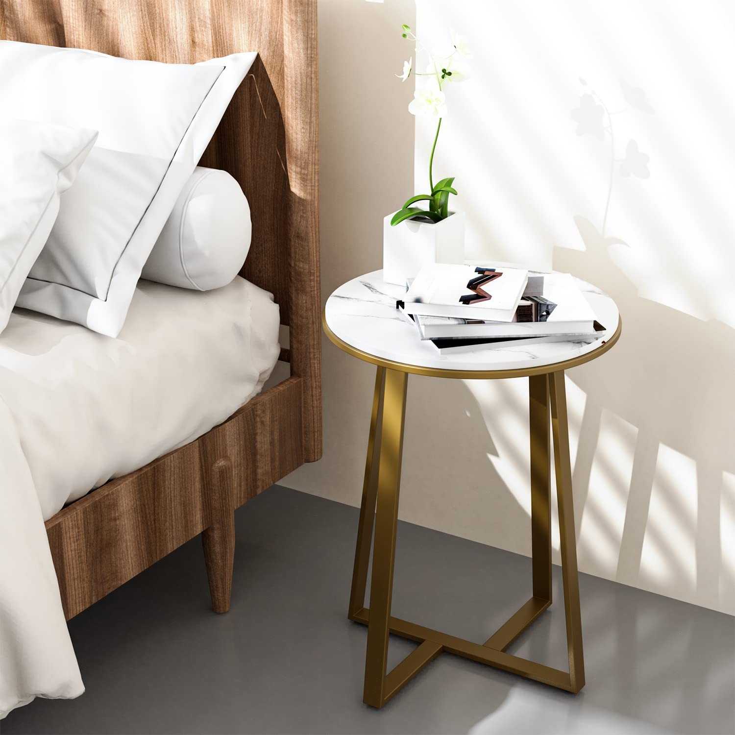 Dorriss Round End Tables, Small Side Table White Marble Texture MDF Top,Metal…