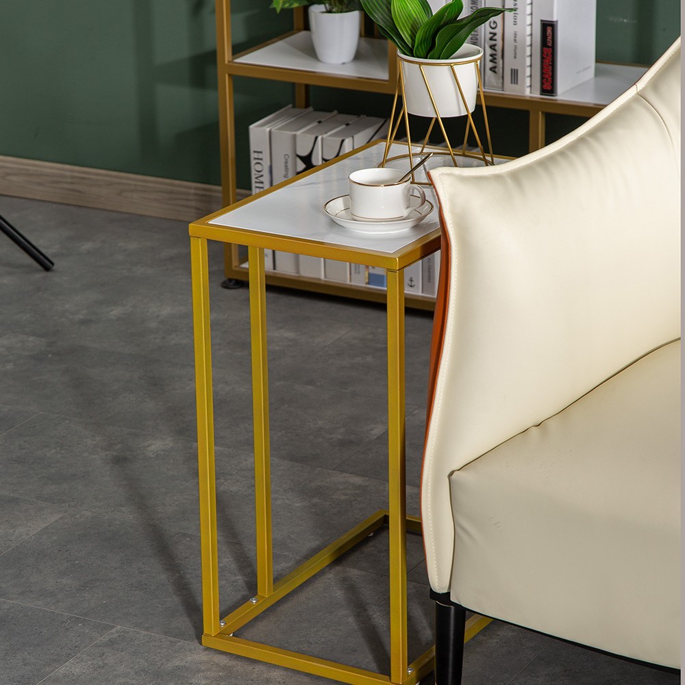 Marble Minimalist C-Shaped Table White And Gold Coffee Table Sofa Side Table