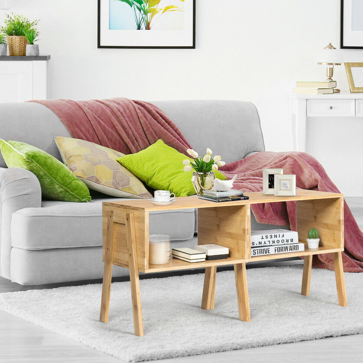 2 Pieces Bamboo Nightstand Sofa Table with Storage Shelf – Color: Natural
