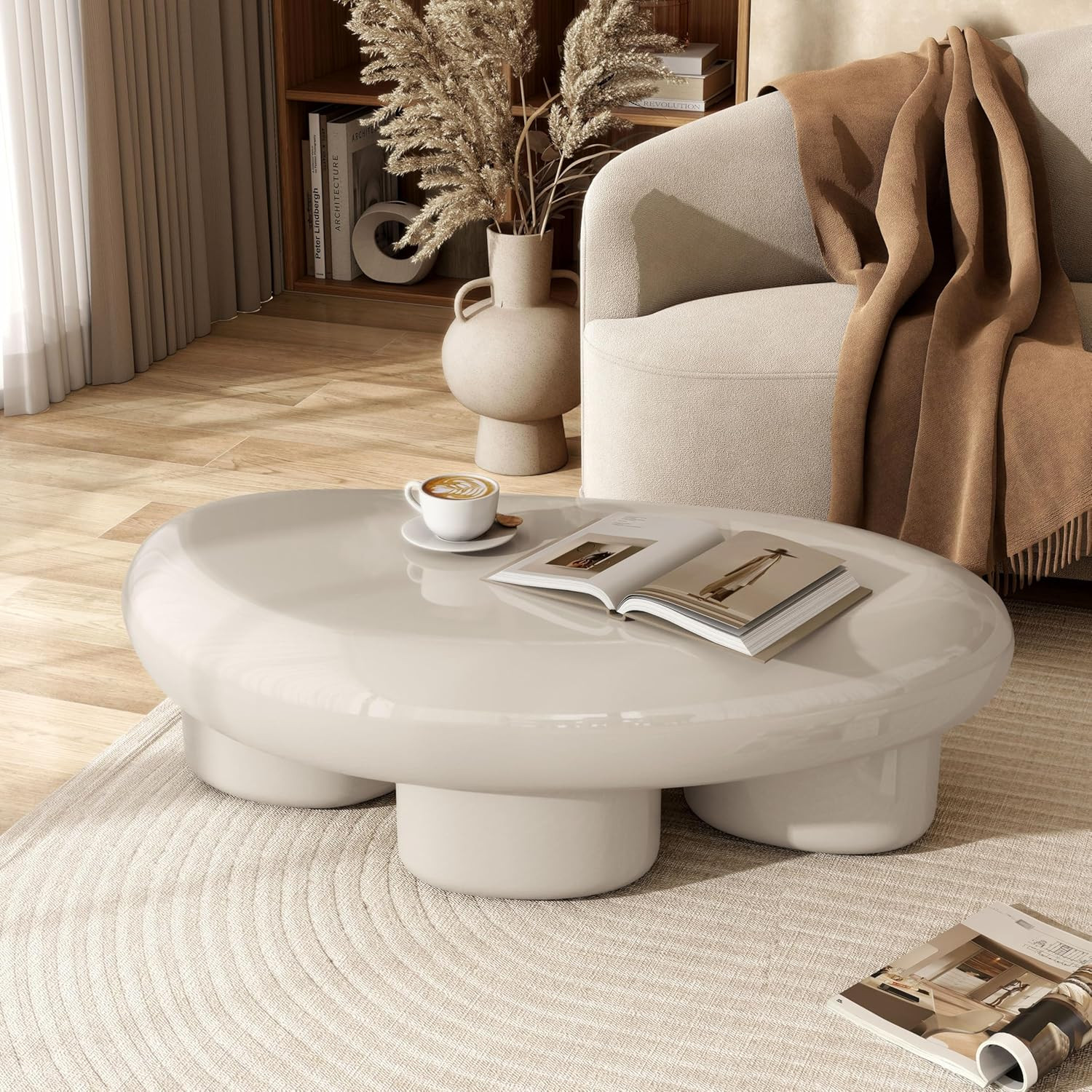 Kavren 37-Inch Oval Glossy Ivory Coffee Table for Small Living Spaces