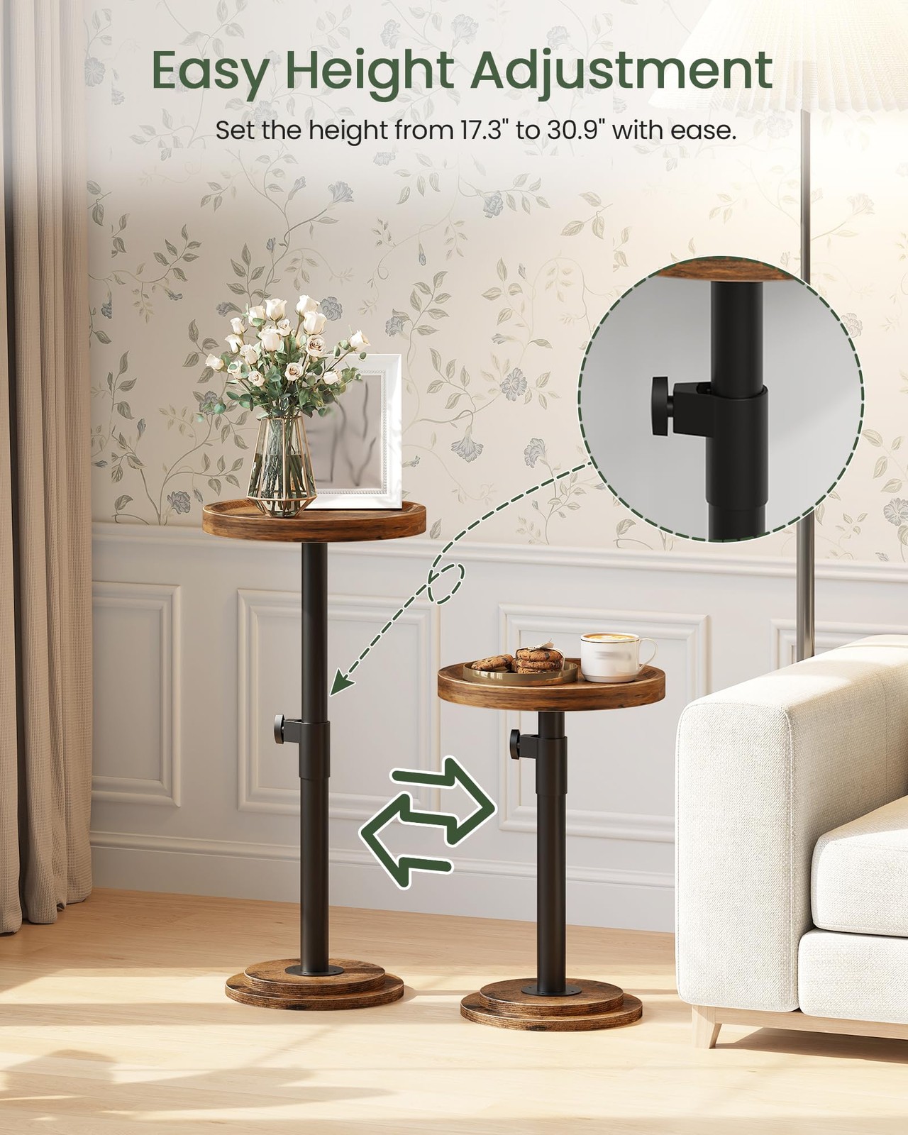 Height Adjustable Drink Table, Small Round Side Table, Pedestal Martini Table…