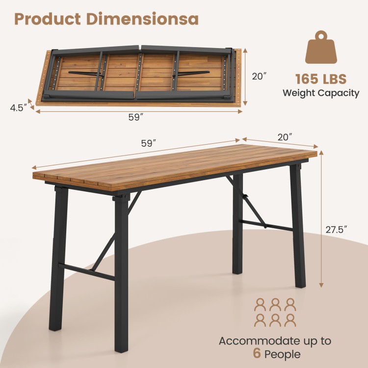 59x20x27.5in Fold-Flat Acacia Wood Table 165lb Capacity Metal Frame Natural