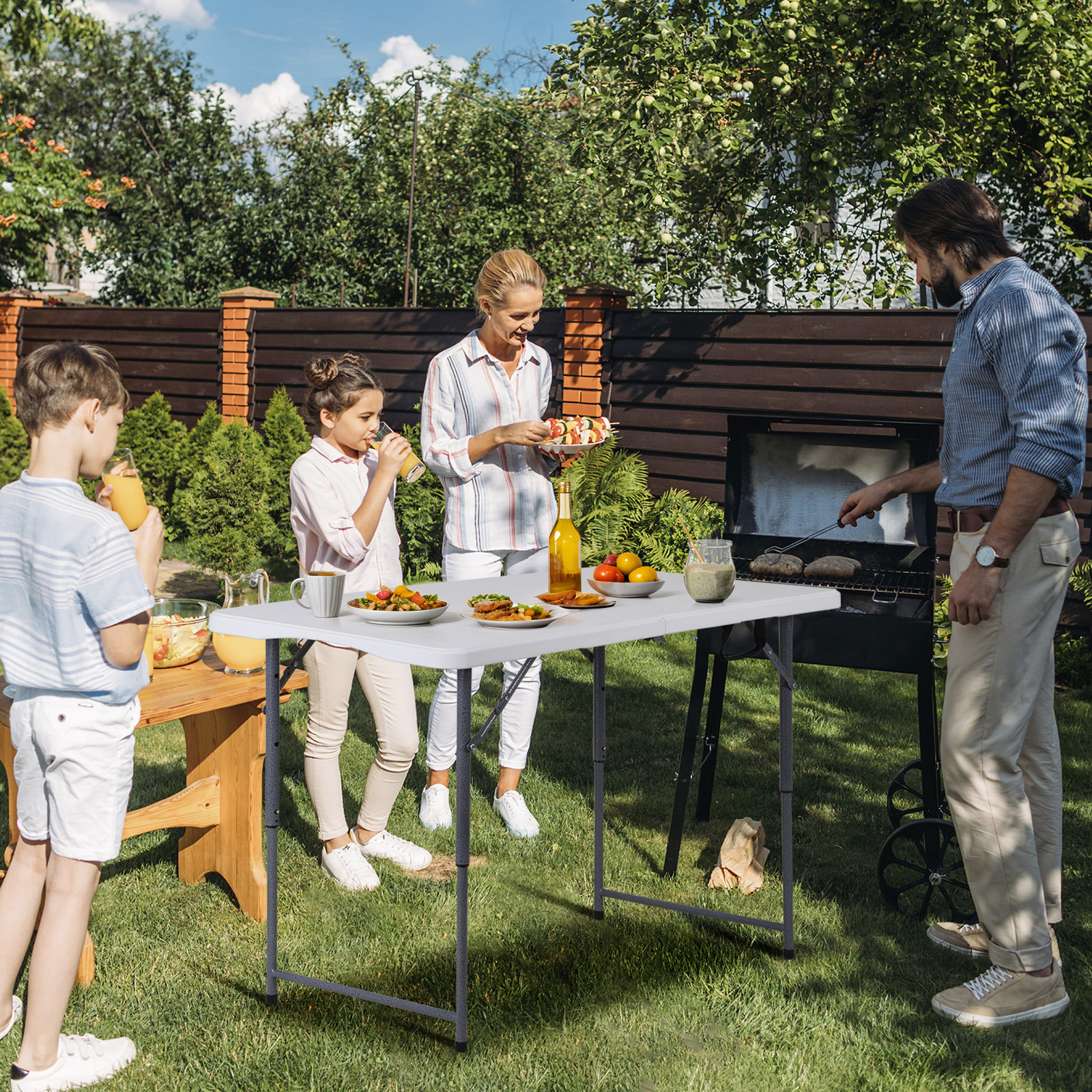 Folding Table Adjustable 4FT Plastic Table Picnic Camping w/Carry Handle White