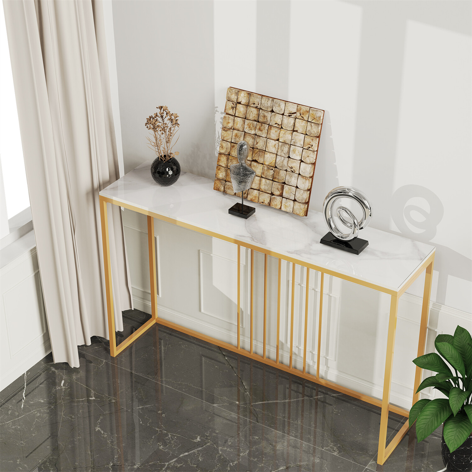 Natural Marble Long Console Table Behind Couch Full Frame Entryway Table 2-color