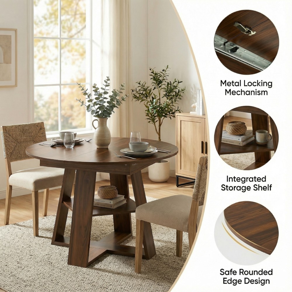 43-59″ Extendable Round Dining Table, Walnut, Space-Saving with Storage Shelf