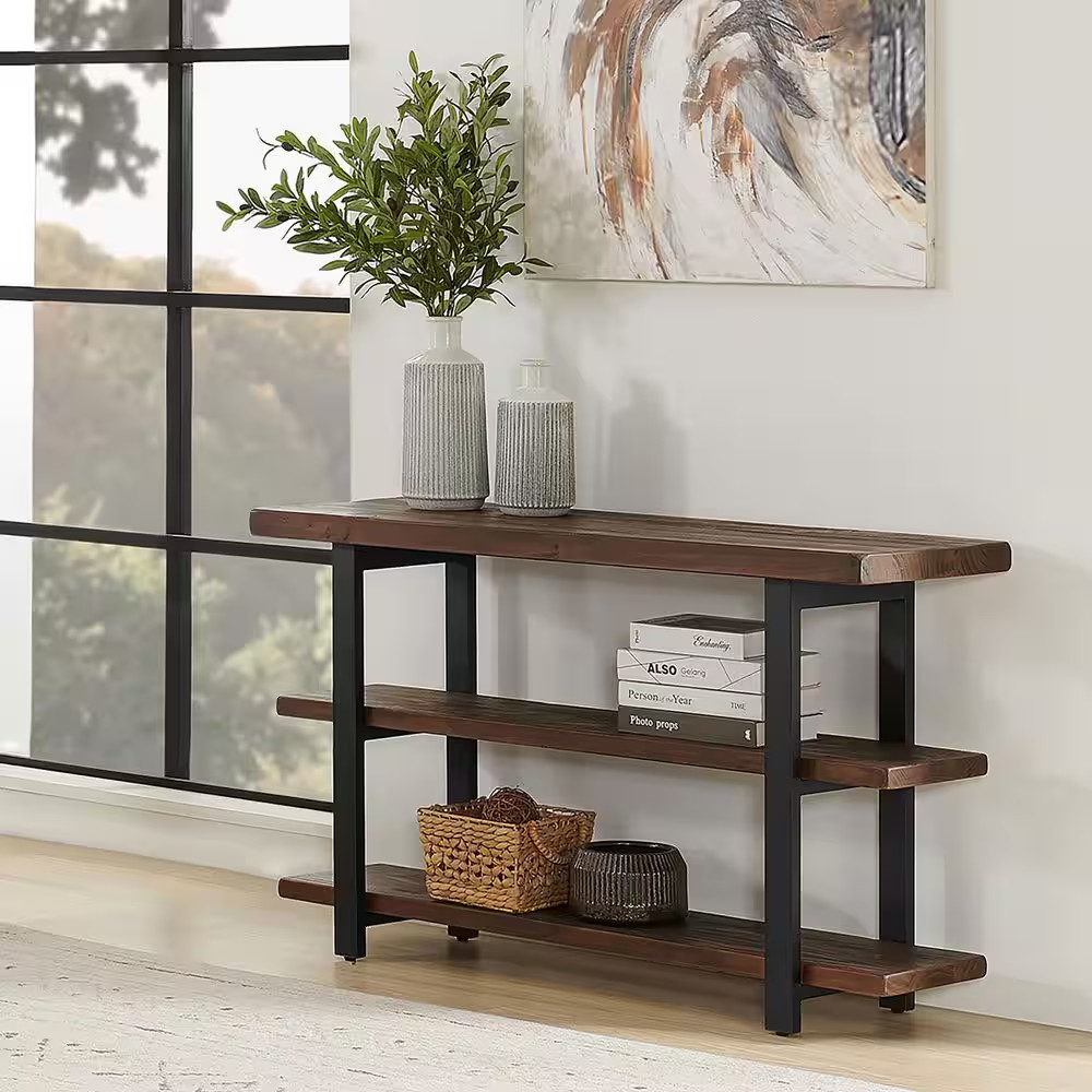 Pomona 48 In. Rustic Natural/Black Standard Rectangle Wood Console Table with St