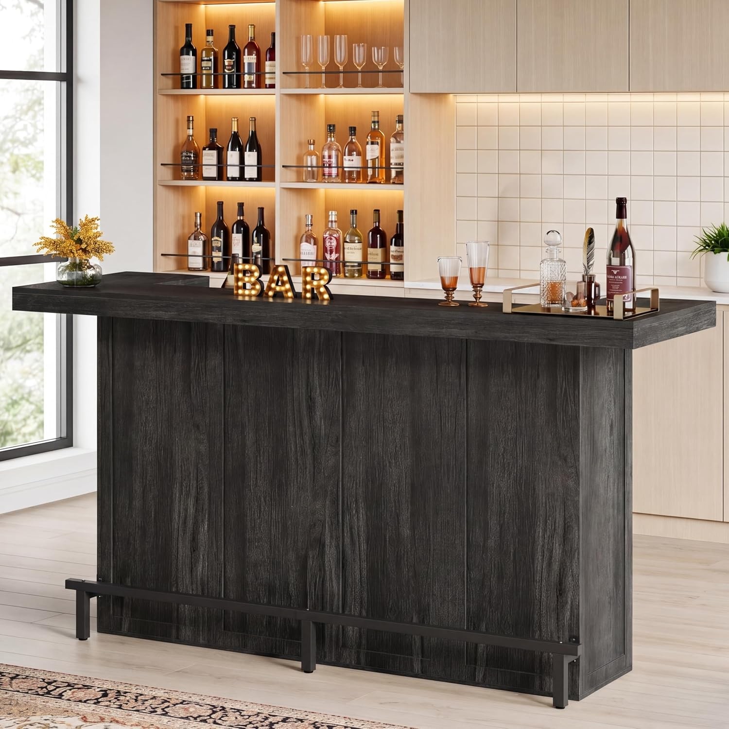 70.9-Inch Large Bar Table Industrial Wooden Home Bar Unit with Storage Shelves