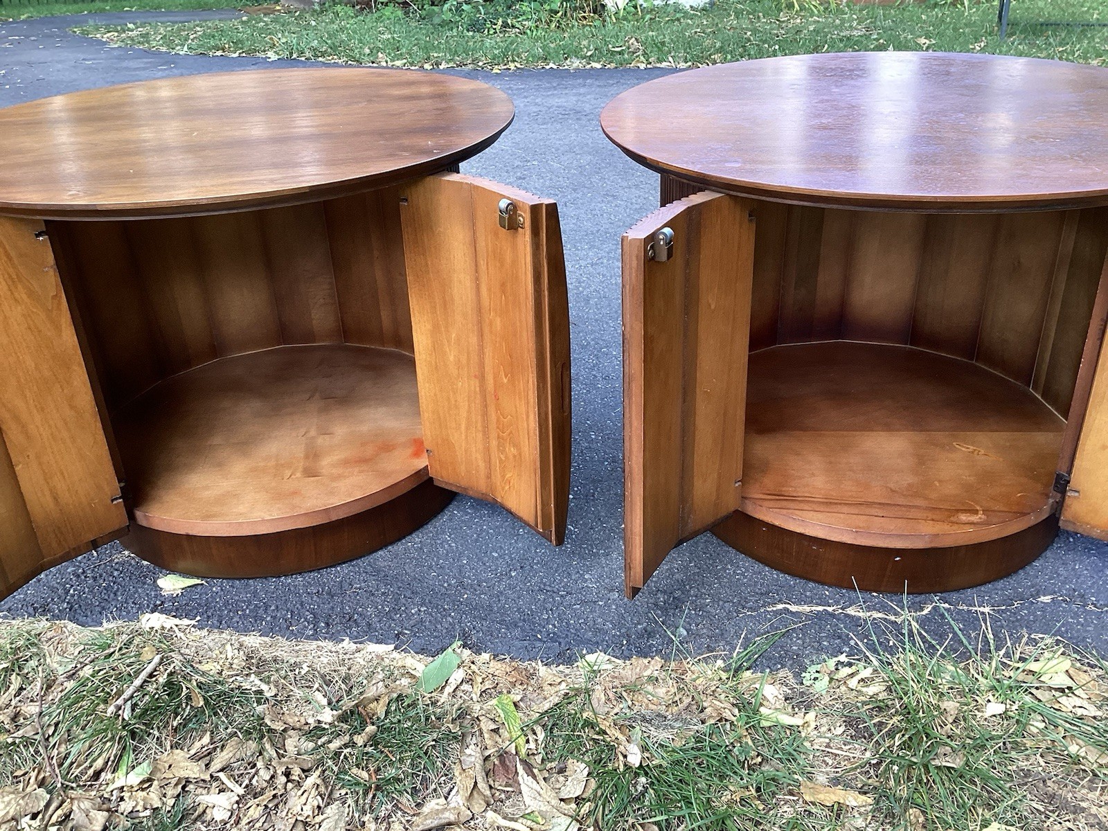 LANE First Edition MCM Mid Century Round Cabinet End Tables, Nightstands, A Pair