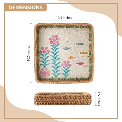 1 pcs Rectangle Rattan Serving 10.6″ x 10.6″ x 1.9″ Pink-Green & Pink Floral
