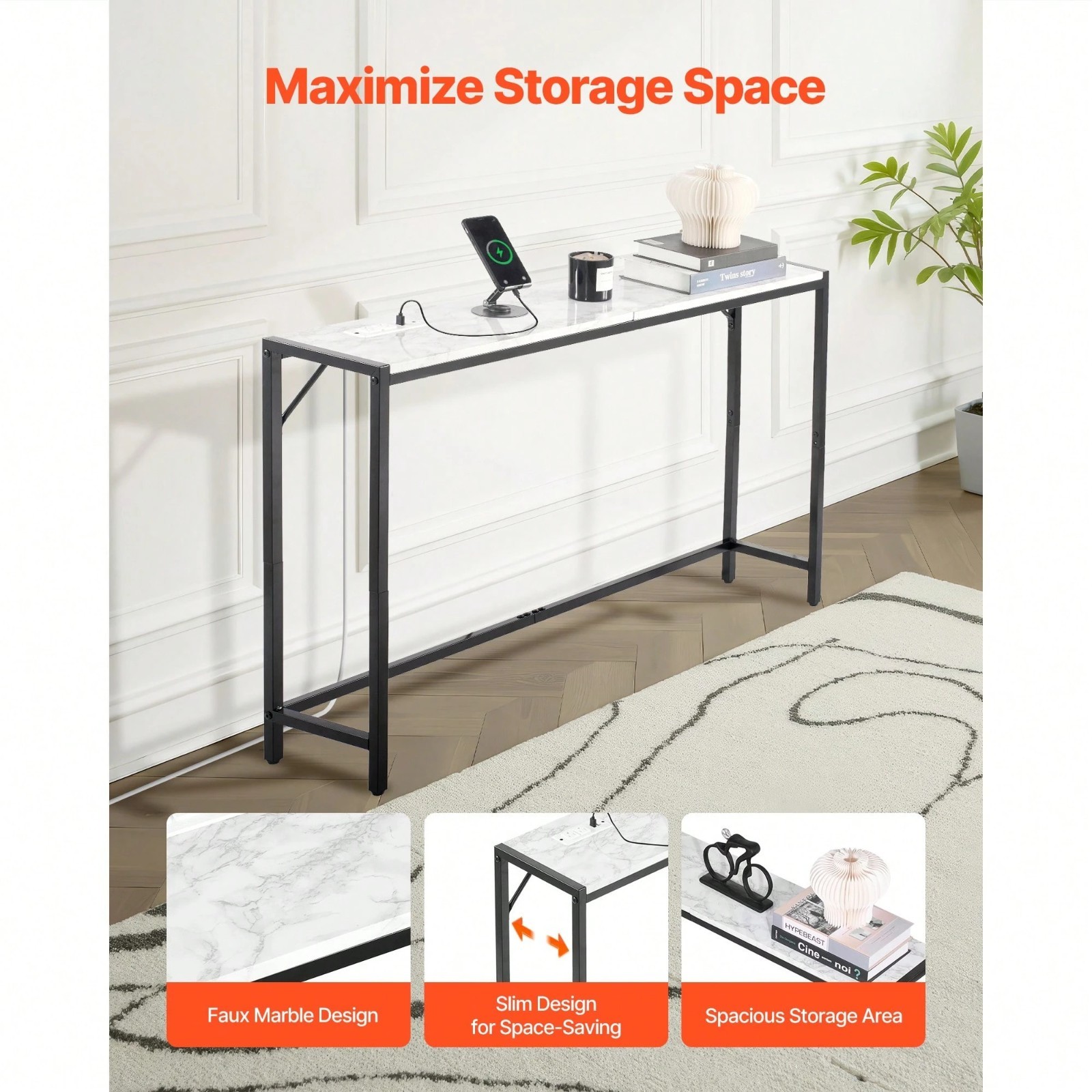 Marble Console Table with Power Outlet Narrow Behind Sofa Entryway Table