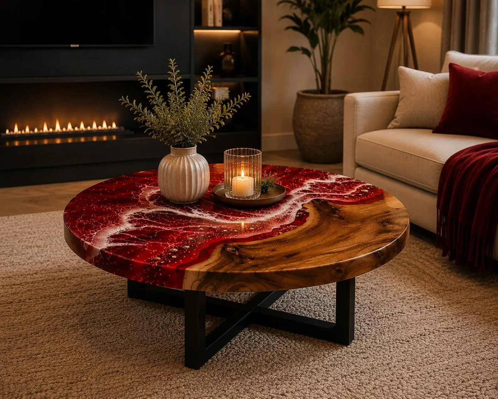 Red Resin River Coffee Table | Handmade Wood Epoxy Table Luxury Living Room