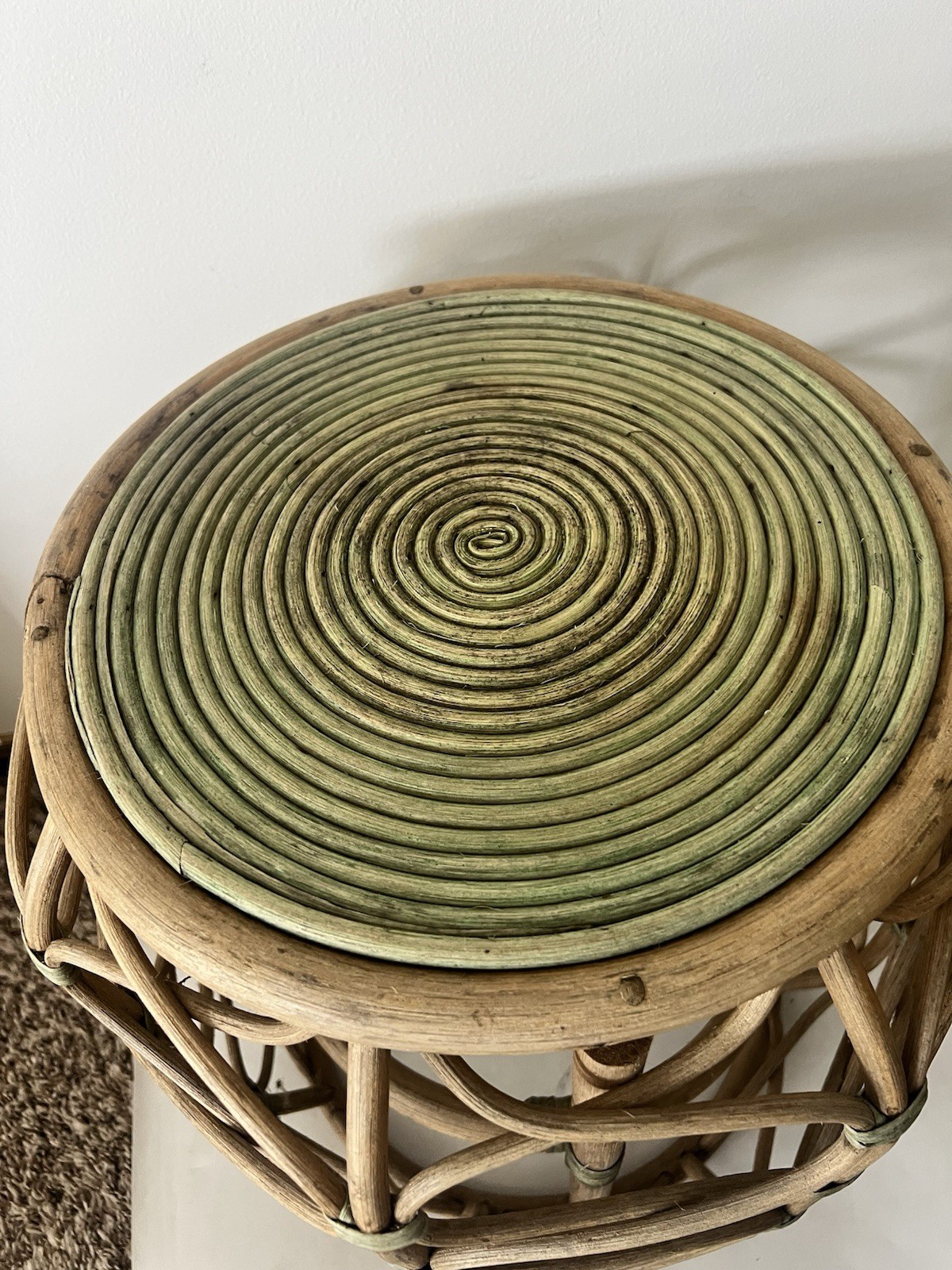 Vintage Rattan Bamboo Side Table Plant Stand Coiled Top Accent Boho Chic MCM