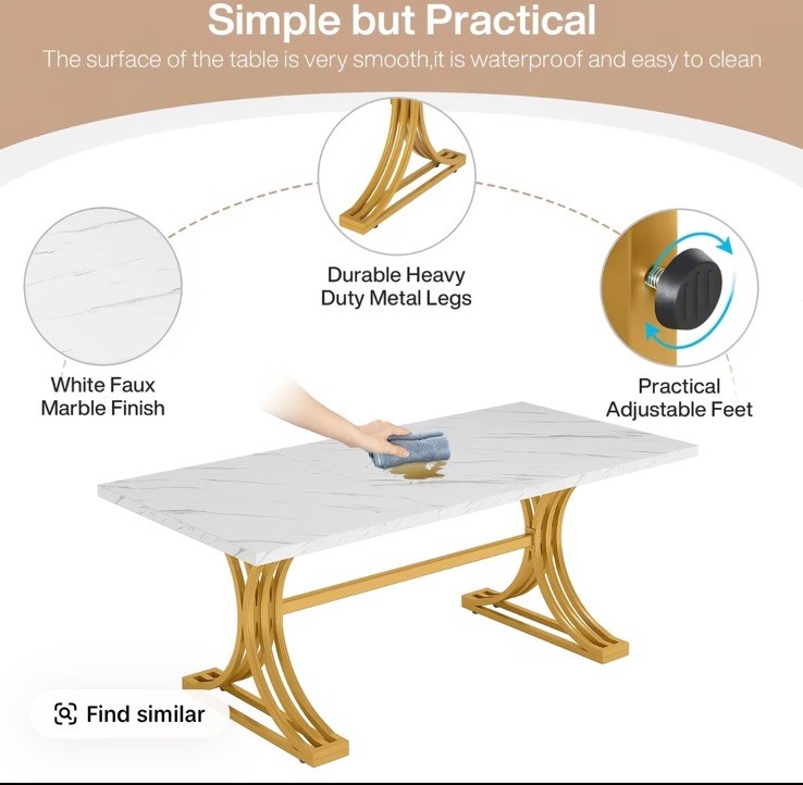 White/Gold Glossy Rectangular Dining Table 70x34x30 in, Adjustable Feet